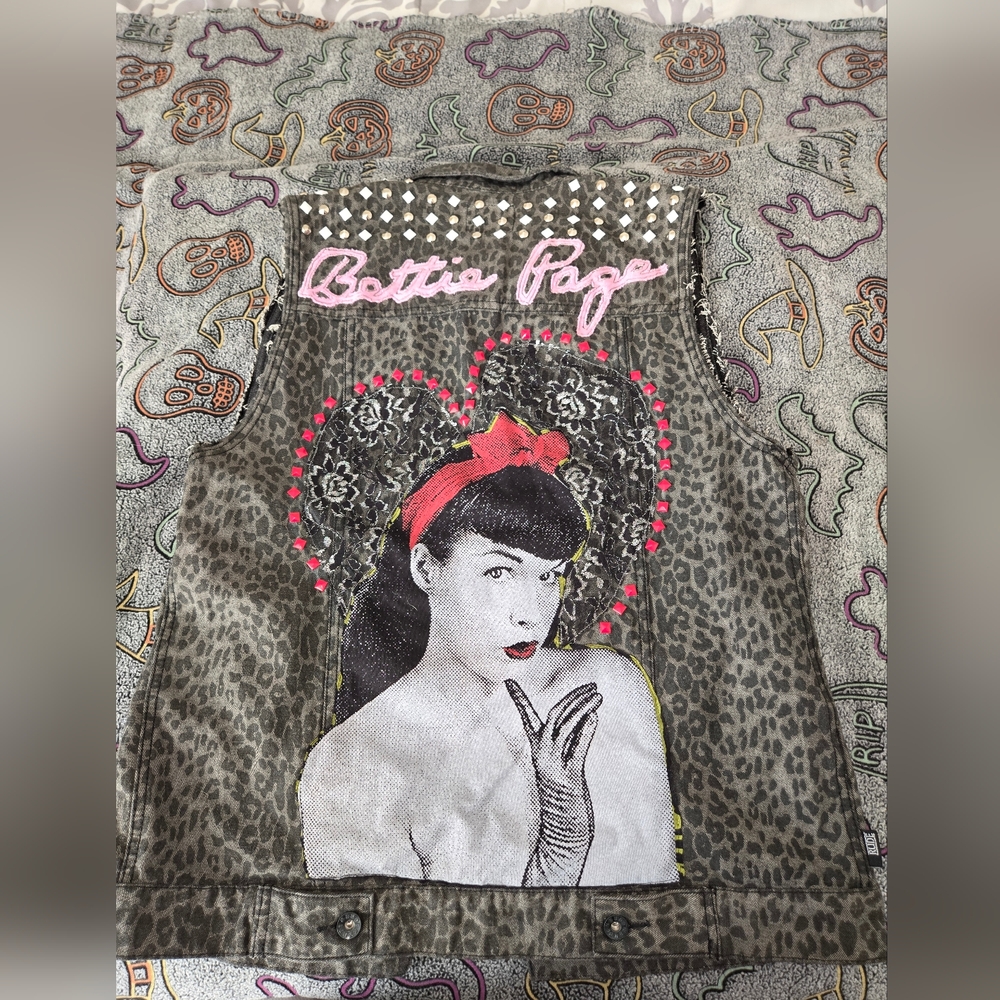RARE Betty Page Studded Punk Jacket Vest - Xxx Rude Denim Vest - Betty Page Vest